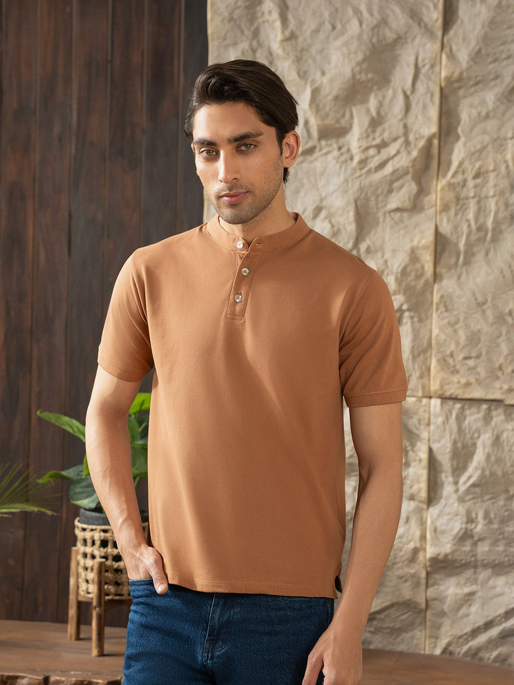 "ZION" Regular Ban Collar Pique Polo Shirt
