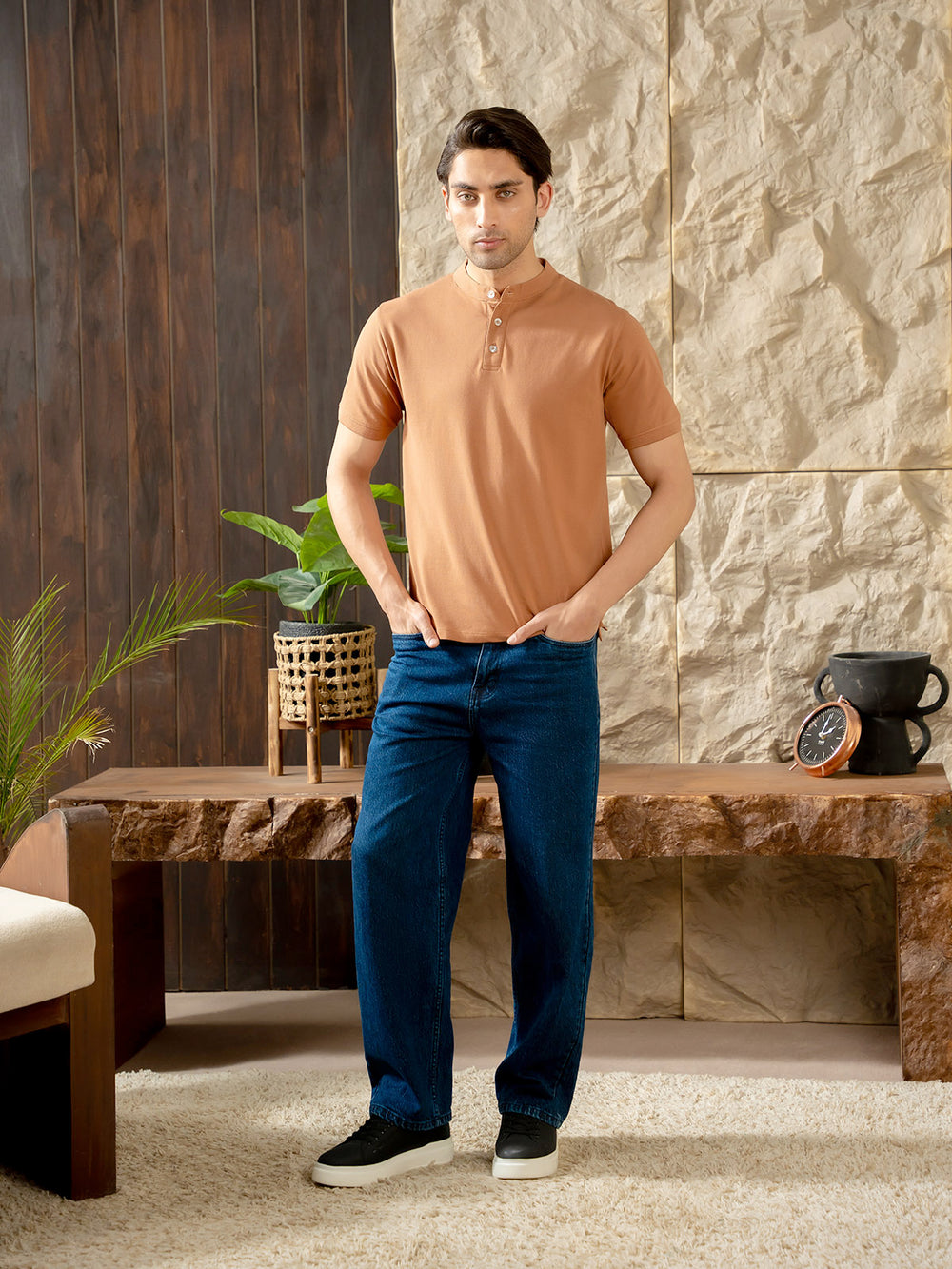 "ZION" Regular Ban Collar Pique Polo Shirt