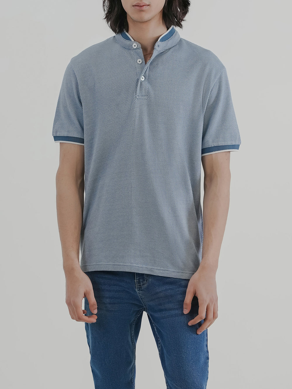 "SHILAH" Ban Collar Jacquard Polo Shirt