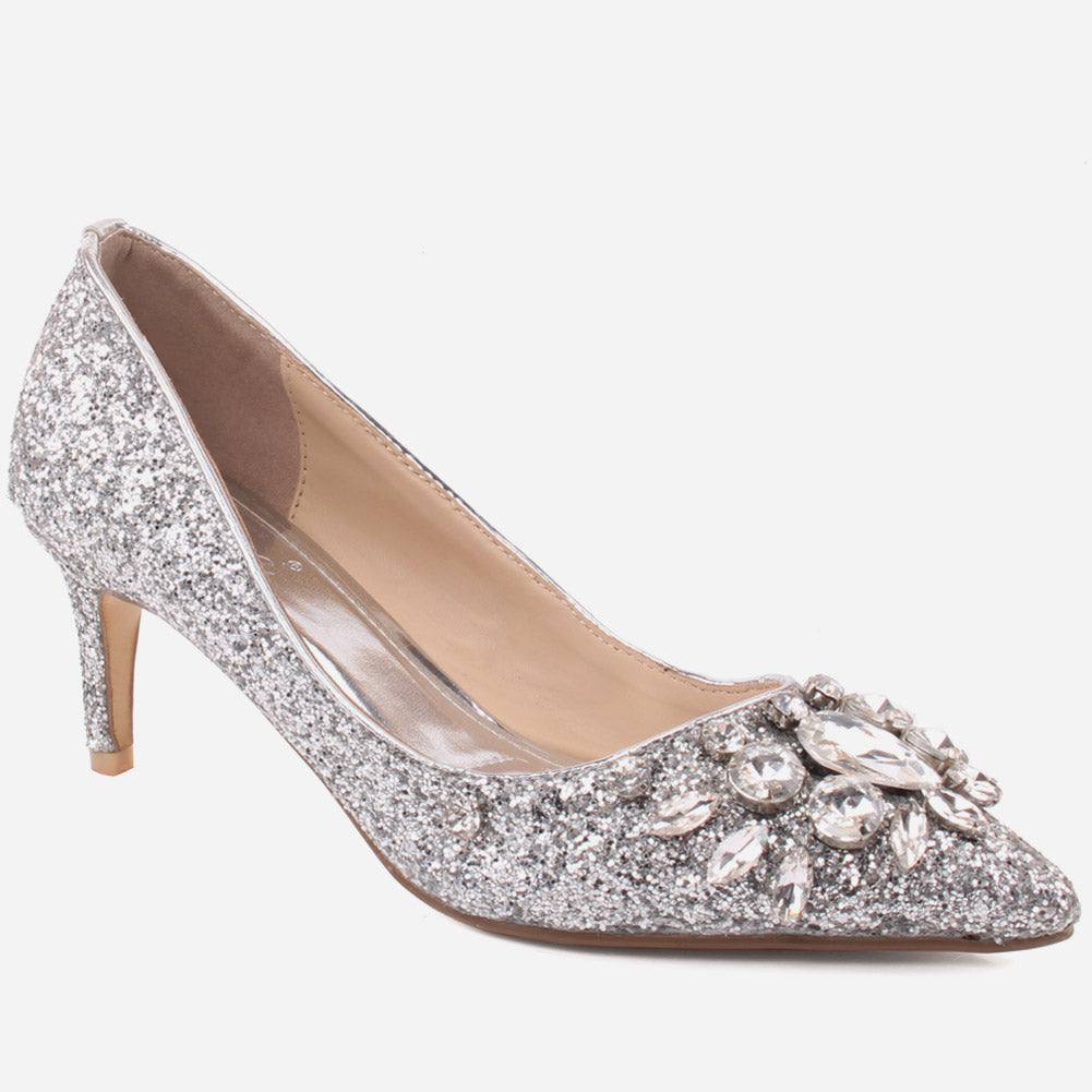 Women “VALO”Diamante Embellished Pointy Toe Kitten Heel Court Shoes