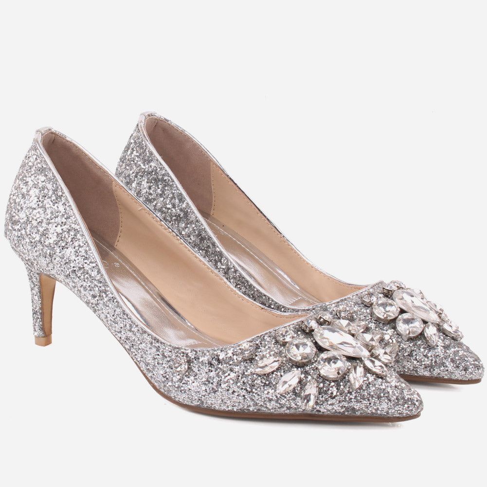 Women “VALO”Diamante Embellished Pointy Toe Kitten Heel Court Shoes